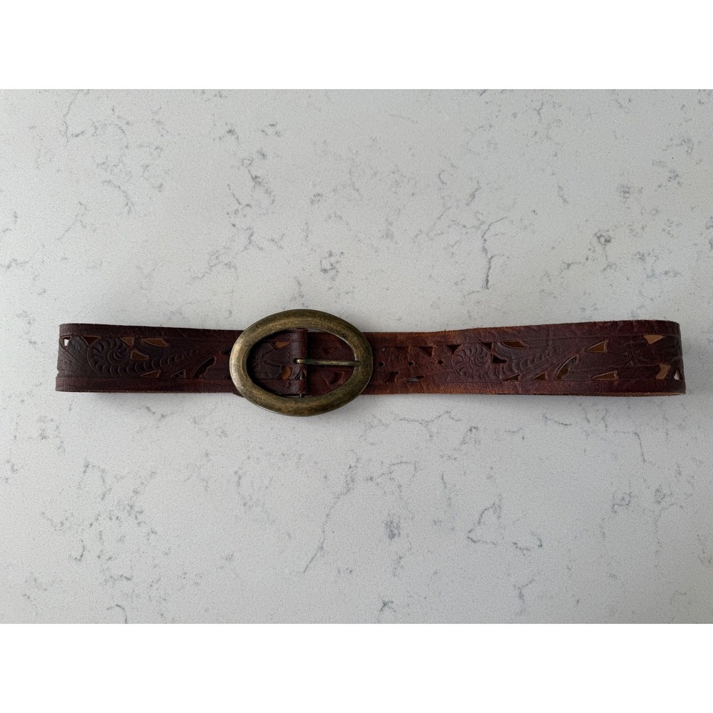 Aldo Dark Brown Tooled Leather Belt Floral Cutout Antique Brass Oval Buckle